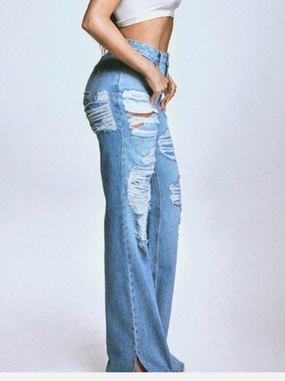 Good American Light Blue Distressed Wide-Leg Jeans